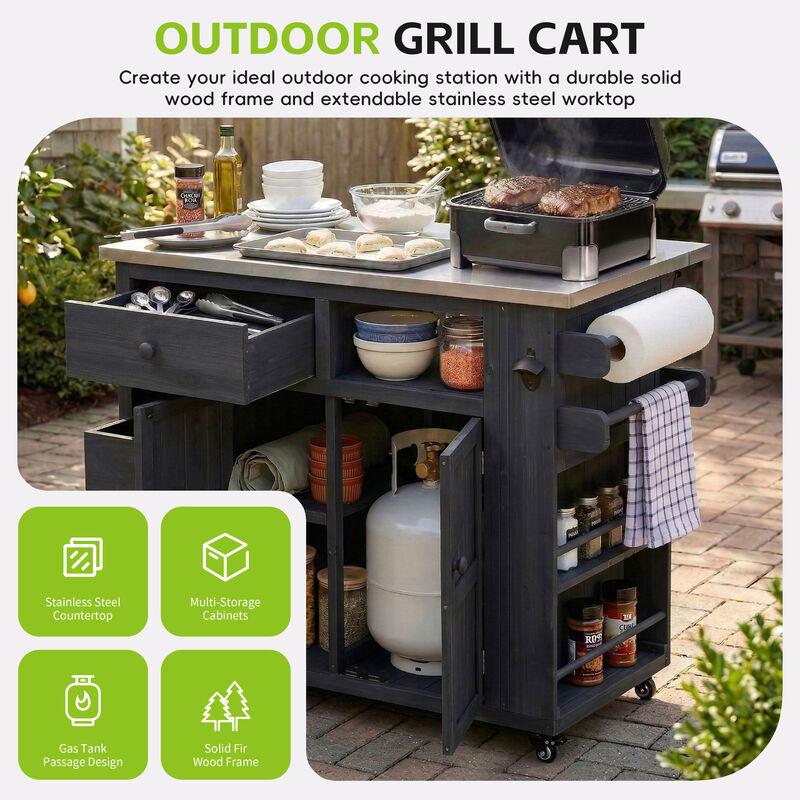 Merax Extendable Stainless Steel Top Kitchen Cart & BBQ Island with Solid Fir Wood image number 2