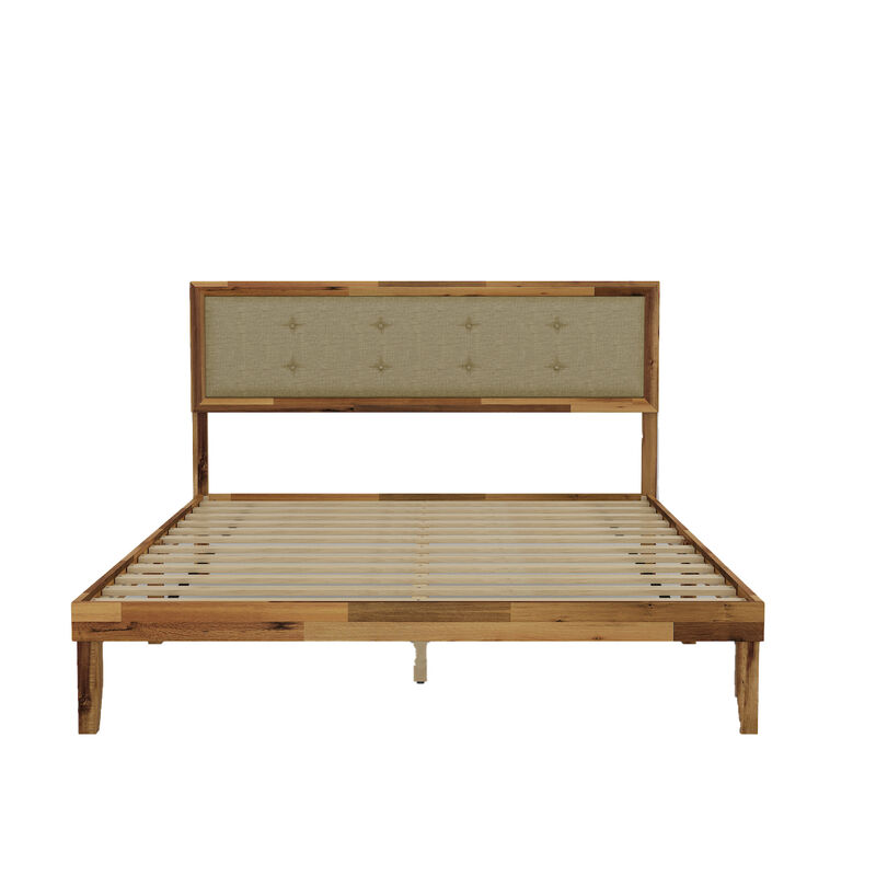 FUFU&GAGA Deep Natural Acacia Wood Upholstered Bed Frame with Linen Headboard and Plywood Slats, Queen Size Platform Bed (82.2" L x 63" W x 41.1" H), Brown