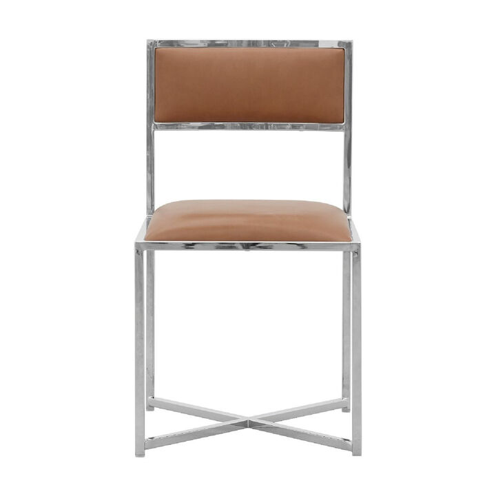 Eun 20 Inch Vegan Faux Leather Dining Chair, Chrome Base, Set of 2, Brown-Benzara