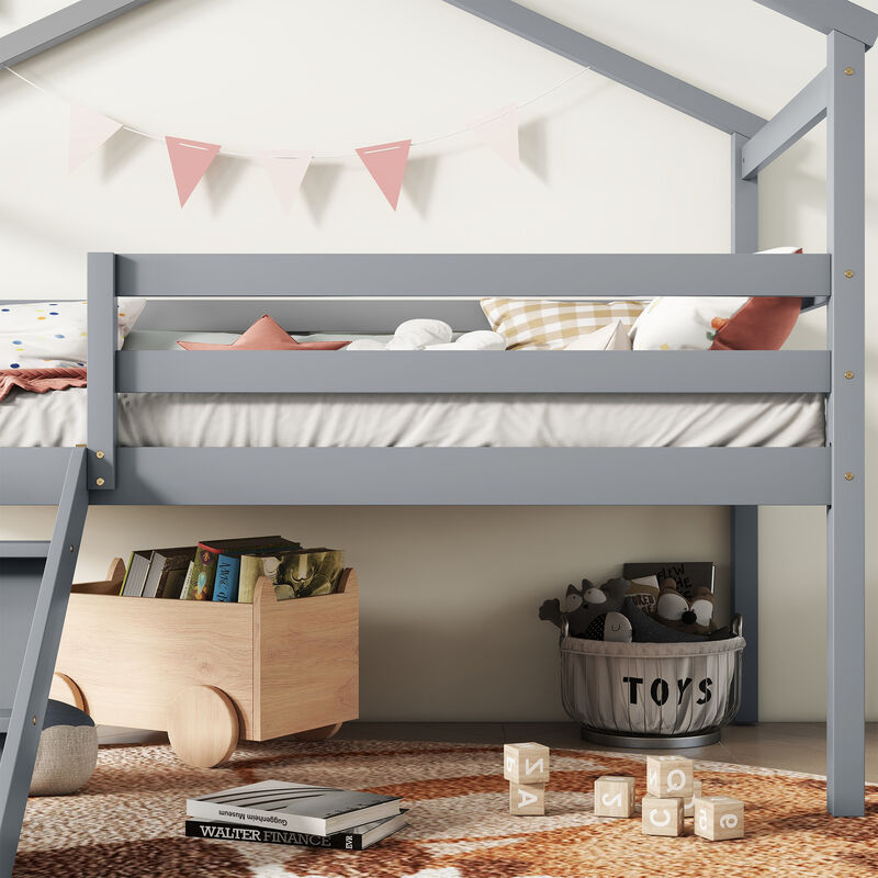 Whisen Twin Low Loft House Bed with Fun Slide, Secure Ladder, and Playful Roof Frame image number 4
