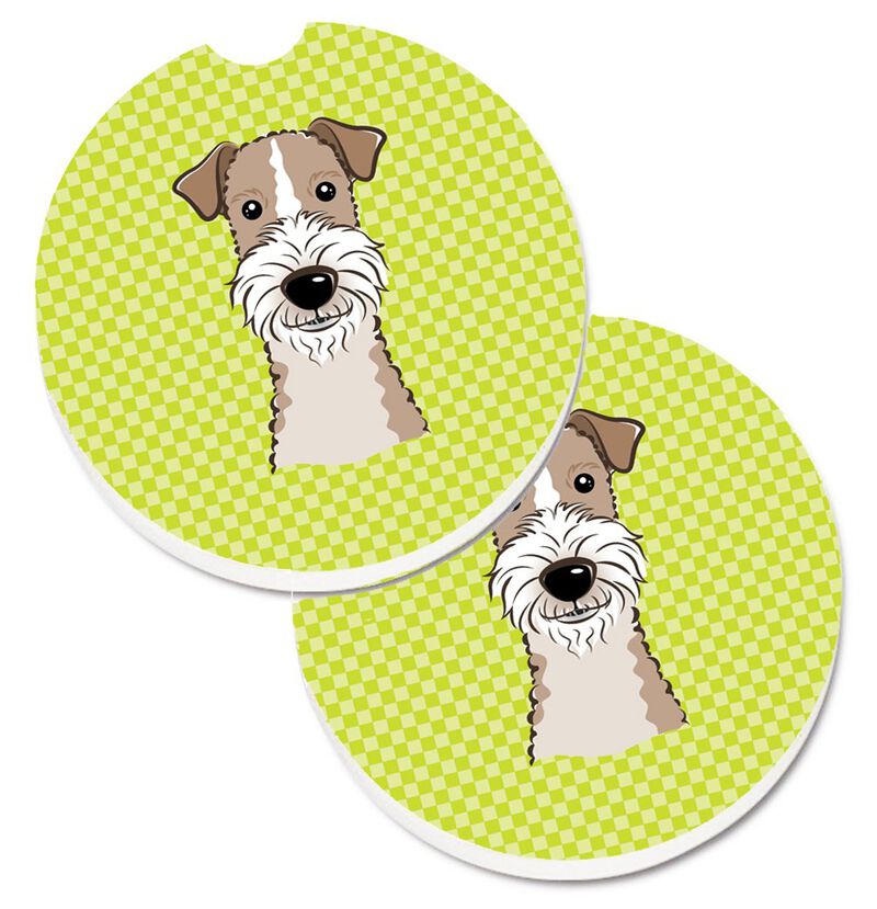 Caroline's Treasures Checkerboard Lime green Wire Haired Fox Terrier Set of 2 Cup Holder Car Coasters BB1309CARC, 2.56, Multicolor