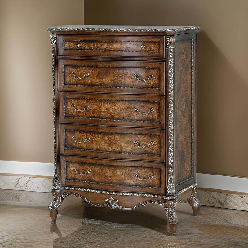 Vany Tall Dresser Chest, Traditional Floral Trim, Cherry Brown  - Benzara