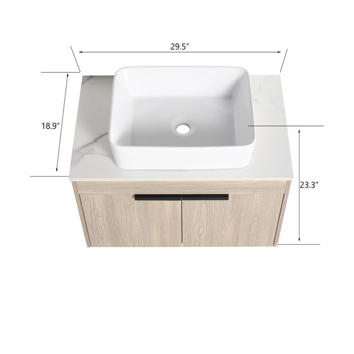 30 " Modern Design Float Bathroom Vanity With Ceramic Basin Set, Wall Mounted White Oak Vanity With Soft Close Door, KD-Packing, KD-Packing,2 Pieces Parcel(TOP-BAB110MOWH)
