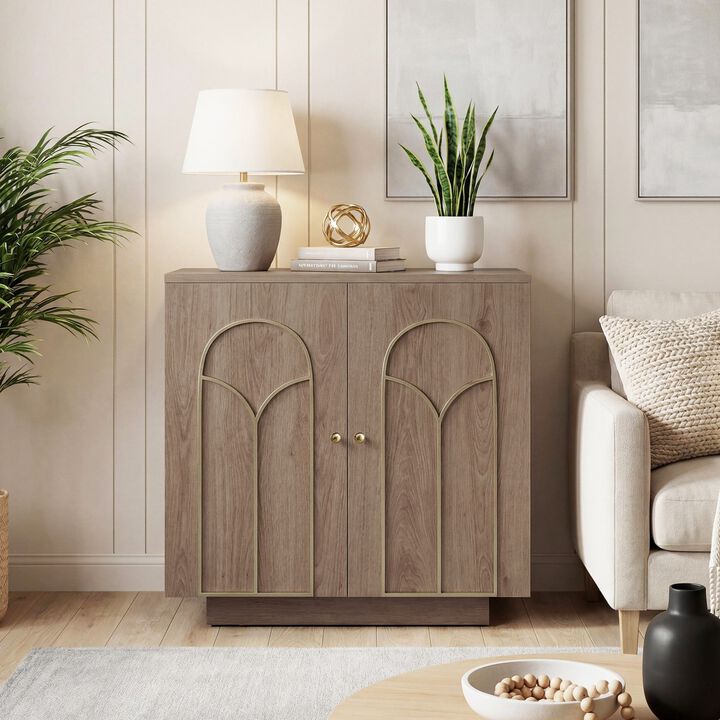 Accent Cabinet Office Storage Cabinet with 1 Shelf and Gold Trim, Arched Doors