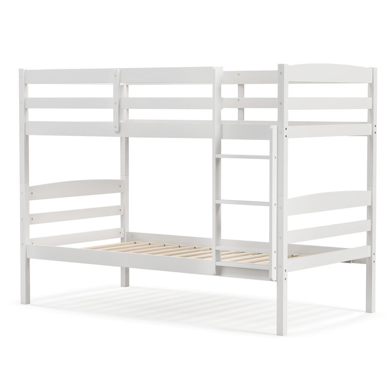 Solid Wood Twin Over Twin Bunk Bed Frame with High Guardrails and Integrated Ladder