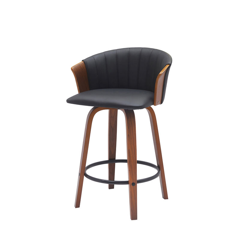 HomeRoots 26" Black and Wood Brown Faux Leather with Solid Wood Swivel Counter Height Bar Chair image number 4