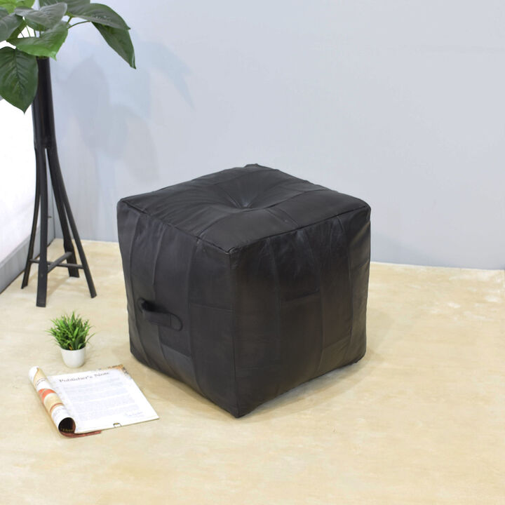 Geometric Handmade Leather Square Pouf 18"x18"x18" (Recycled Foam with Fibre Fill) Black Color MABBBACPF25 BBH Homes