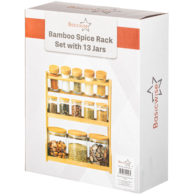 Basicwise Versatile 3-Tier Bamboo Spice Rack and Pantry Organizer with 13 Glass Jars – Perfect for Countertop Storage in Kitchens to Keep  Seasoning Containers Neatly Displayed and Easily Accessible