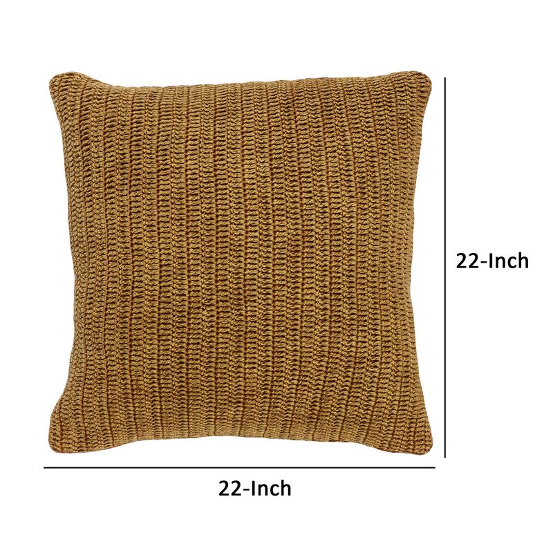 Rosie 22 Inch Square Accent Throw Pillow, Hand Knitted Designs, Brown Linen-Benzara