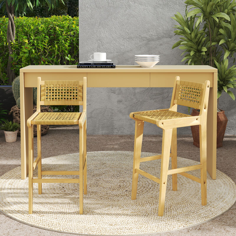 Teak Wood Bar Stool with Rattan Backrest and Seat, Perfect for Patio or Outdoor Bar