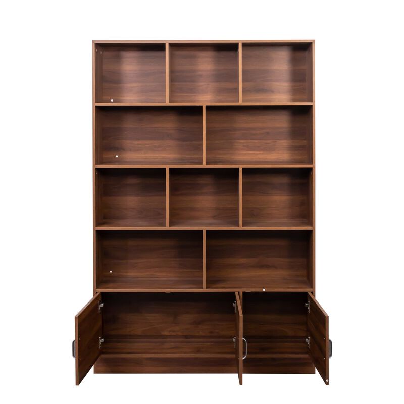 70.87 Inch Tall Bookshelf with 10 Cubes and 3 Doors Modern 4 Tier Bookcase with Storage Cabinet for Living Room and Office Walnut