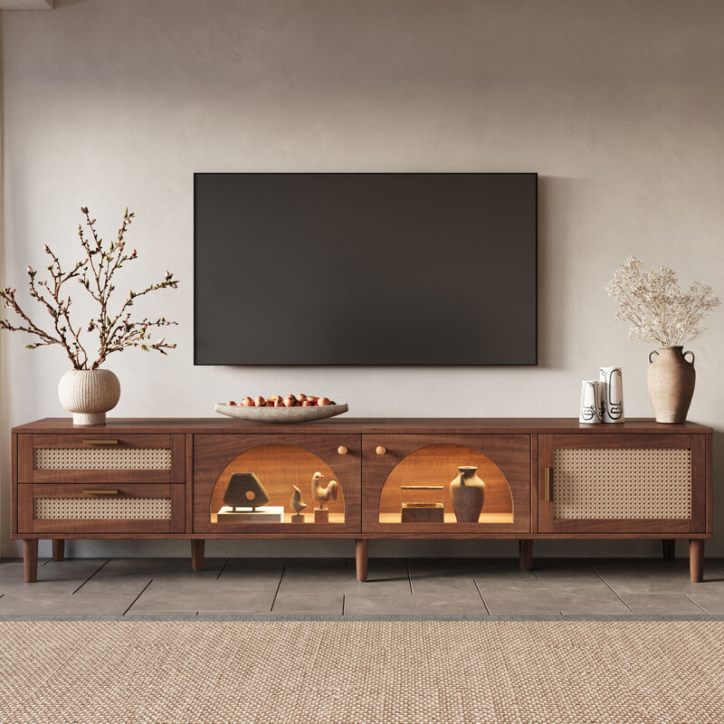 Merax Smart TV Cabinet with RGB LED Lighting, Rattan Doors, 2 Drawers, Closed Cabinet image number 1
