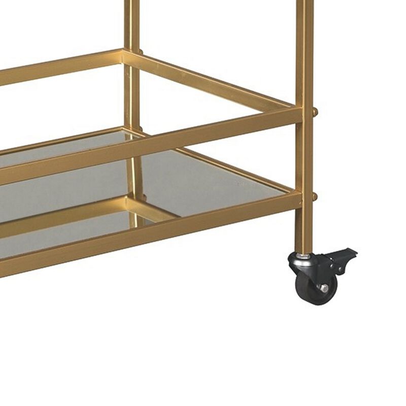 Metal Frame Bar Cart with 2 Mirrored Shelves, Gold-Benzara
