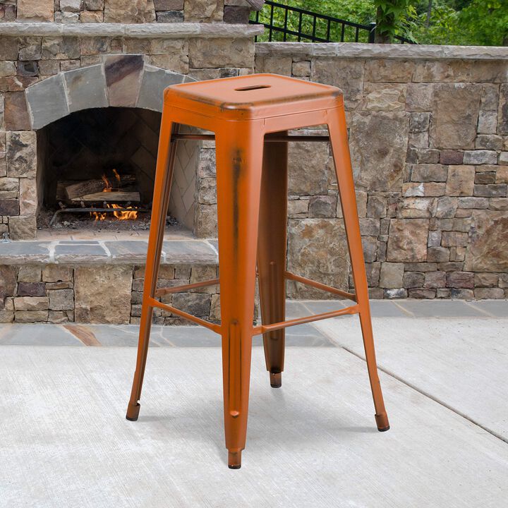 Flash Furniture Kai Commercial Grade 30" High Backless Distressed Orange Metal Indoor-Outdoor Barstool