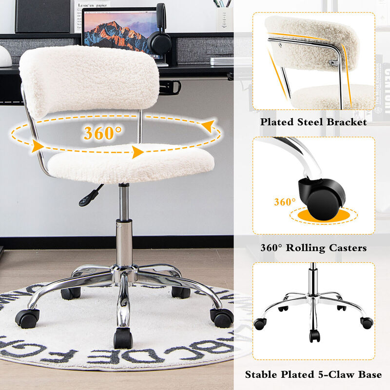 Costway Computer Desk Chair Adjustable Faux Fur Office Chair Swivel Vanity Chair White