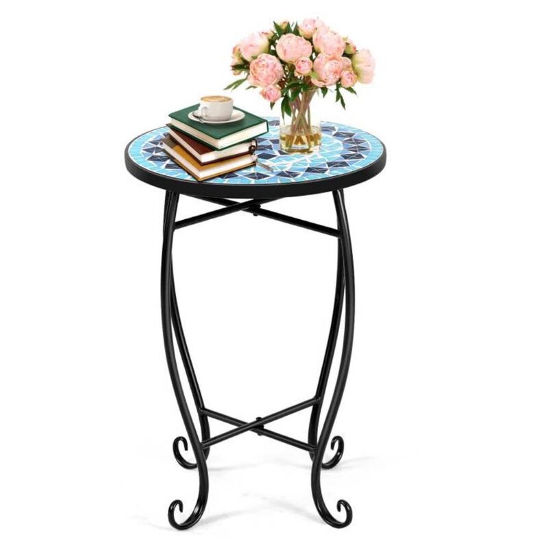 Hivvago Indoor/Outdoor Blue Mosaic Round Side Accent Table Plant Stand