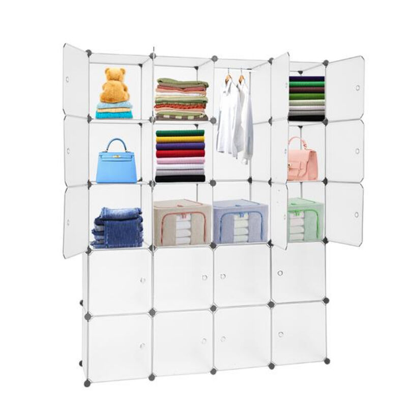 Multi-Functional 20-Cube Plastic Storage Shelves, Modular Closet Organizer with Hanging Rod & Doors