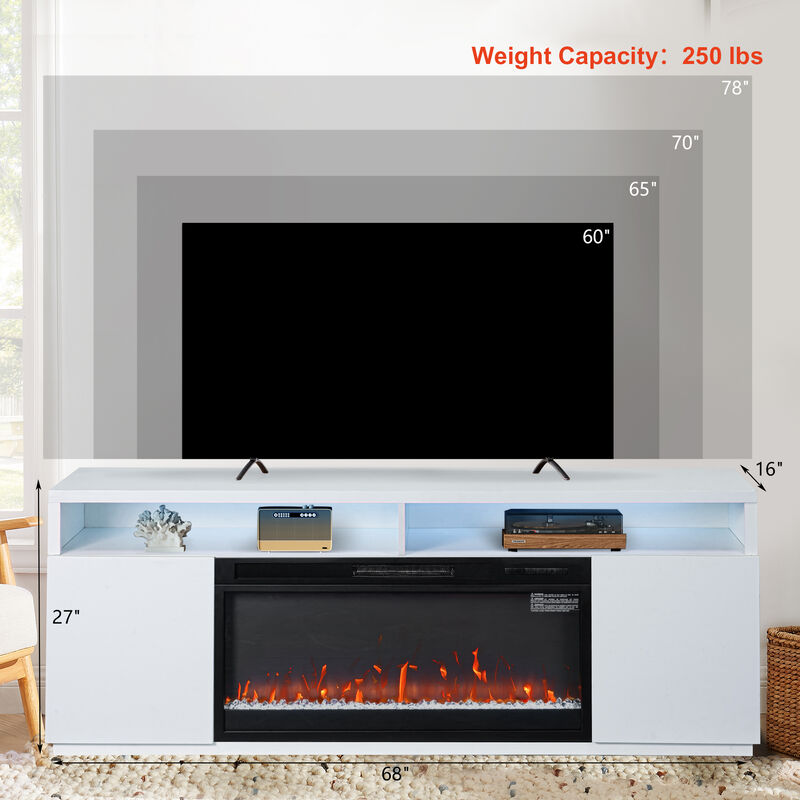 68" White LED TV Stand with Storage and 36" Insert Electric Fireplace for TVs up to 78"