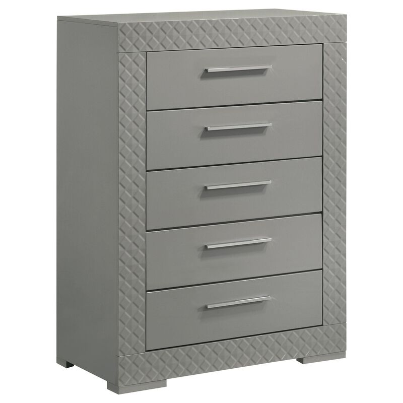 Ivon Tall Dresser Chest, 5 Drawers, Bar Handles, Gray Solid Hardwood - Benzara