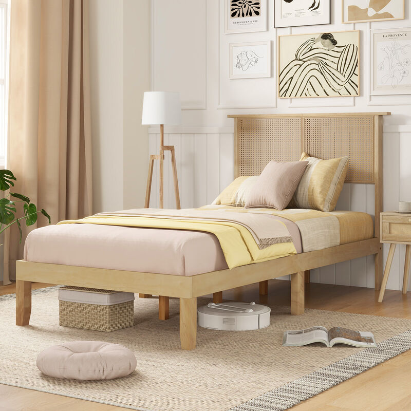 Modern Bed Frame with Cane Rattan Headboard for Stylish Bedroom D&eacute;cor