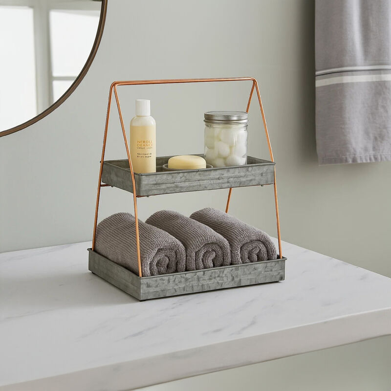 Galvanized Metal 2 Tiered Rectangular Serving Tray, Gray - Benzara