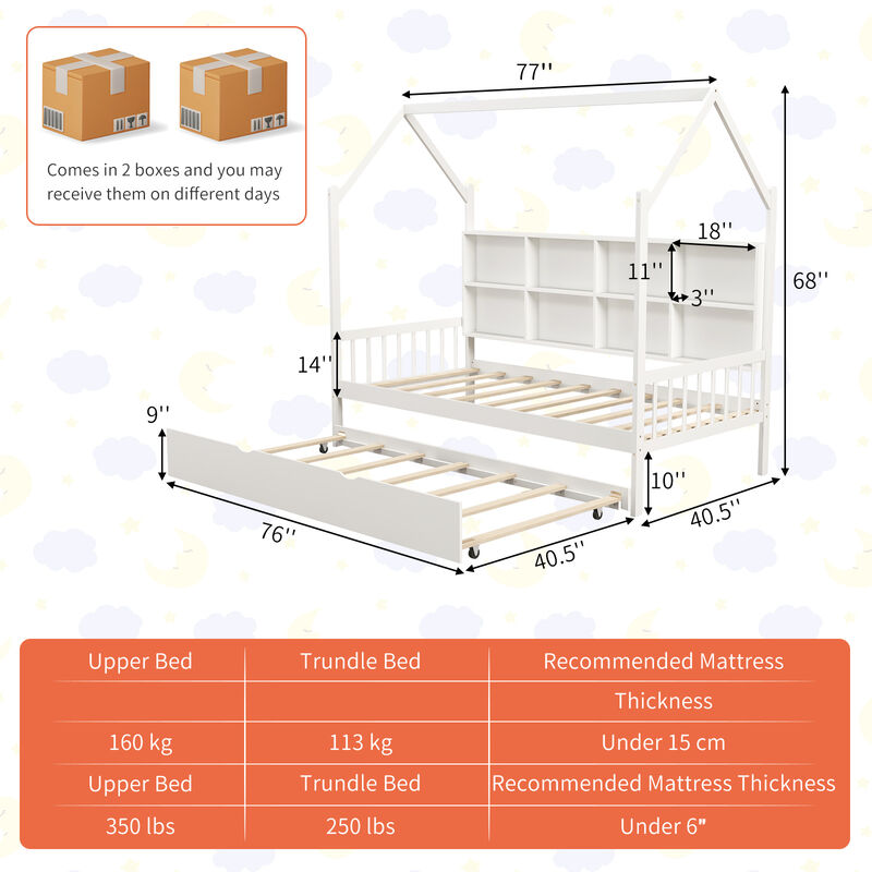 Kids Daybed with Montessori Style &ndash; Roof and Built-In Shelf Compartments for Storage