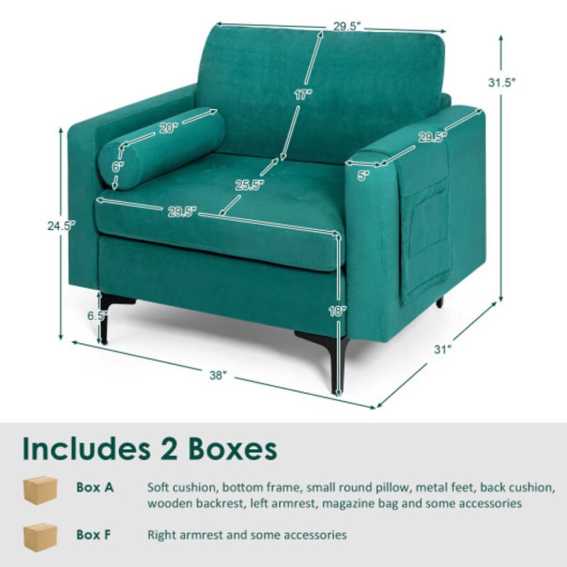 Hivvago Modern Single Sofa with Cushion Bolster and Side Storage Pocket