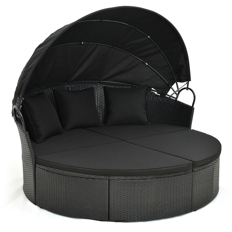 Clamshell Patio Round Daybed Wicker with Retractable Canopy and Pillows