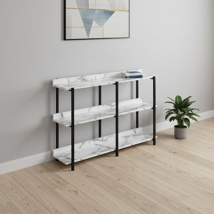 HomeRoots 47" White and Black Wood and Metal Faux Marble Console Table With Three Shelves