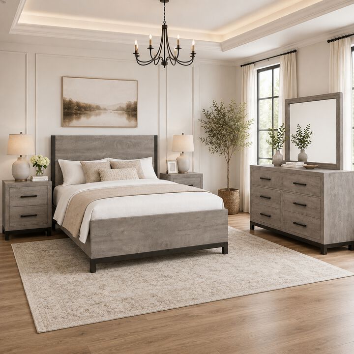 Queen Bedroom Set, Gray Wood, 5 Piece Set with 2 Nightstands, Dresser, and Mirror