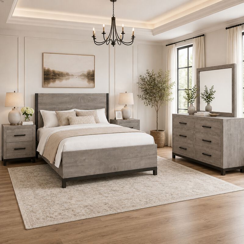 Queen Bedroom Set, Gray Wood, 5 Piece Set with 2 Nightstands, Dresser, and Mirror image number 1