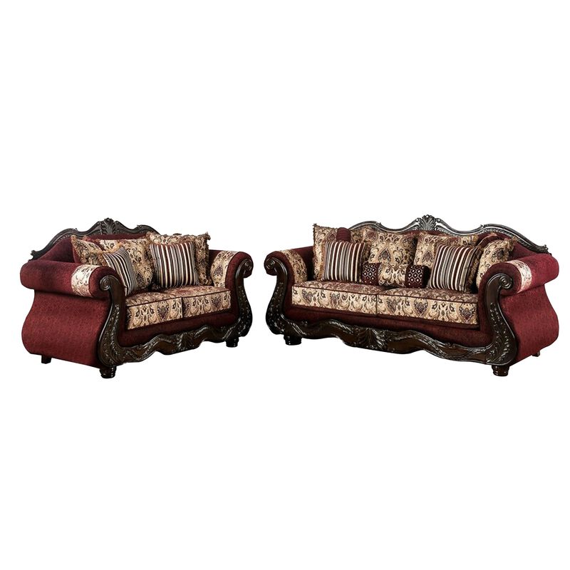 Maty 2pc Sofa Loveseat Set, Burgundy Brown Chenille, 5 Accent Pillows - Benzara image number 0