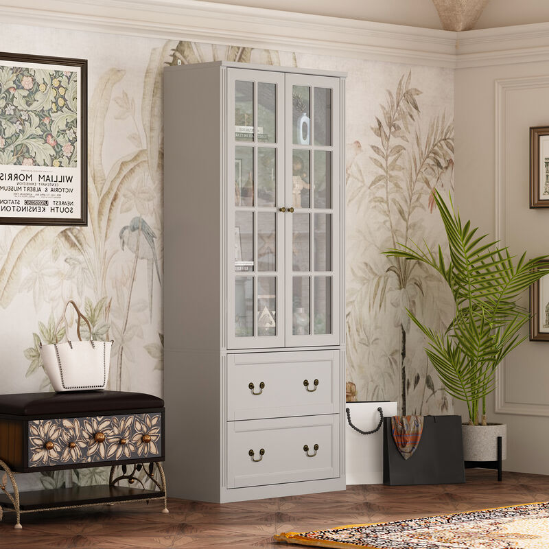 Gray Wooden 31.5 in. W Buffet Pantry Cabinet Kitchen Cabinet with Adjustable Shelves and Tempered Glass Doors, Drawers