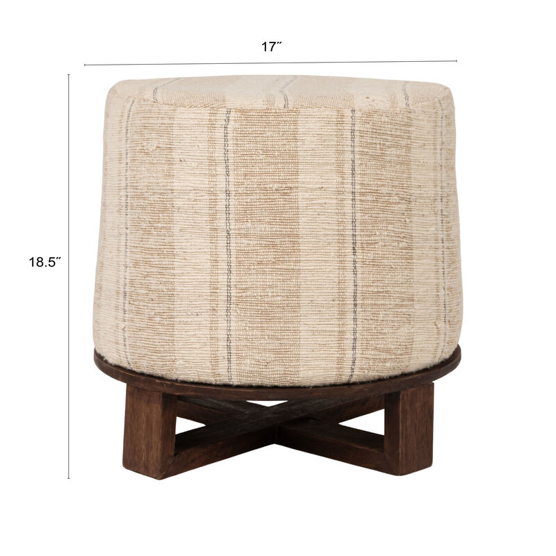 Cotton Woven Round Ottoman Stool in Striped Upholstery with Dark Wood Base image number 2