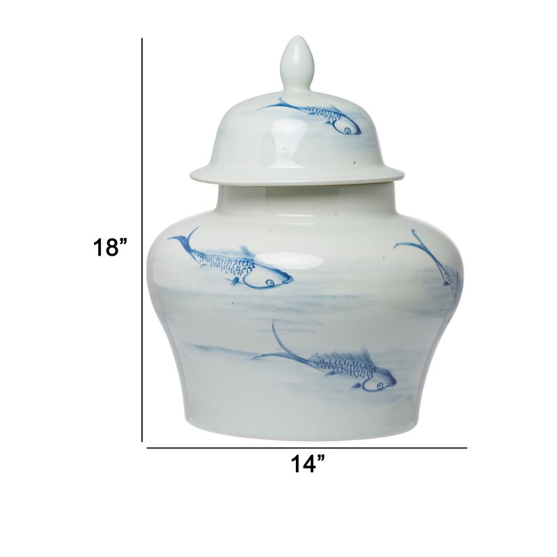 18 Inch Porcelain Ginger Jar, Artful Wispy Fish, Classic White and Blue - Benzara