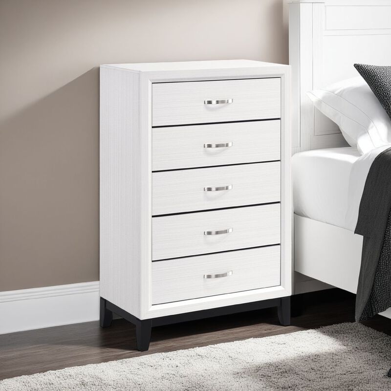 Ameya Tall Dresser Chest, 5 Drawers w Chrome Handles, White and Black - Benzara