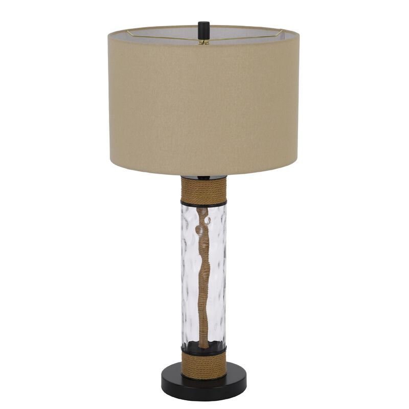 32 Inch Table Lamp, Rippled Glass Body with Rope, Burlap Shade, Metal Base image number 4