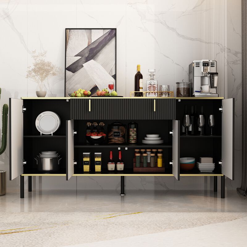 Black Wavy Paint Finish Floor-Standing Sideboard Cupboard with 4-Doors 2-Drawers Adjustable Shelves