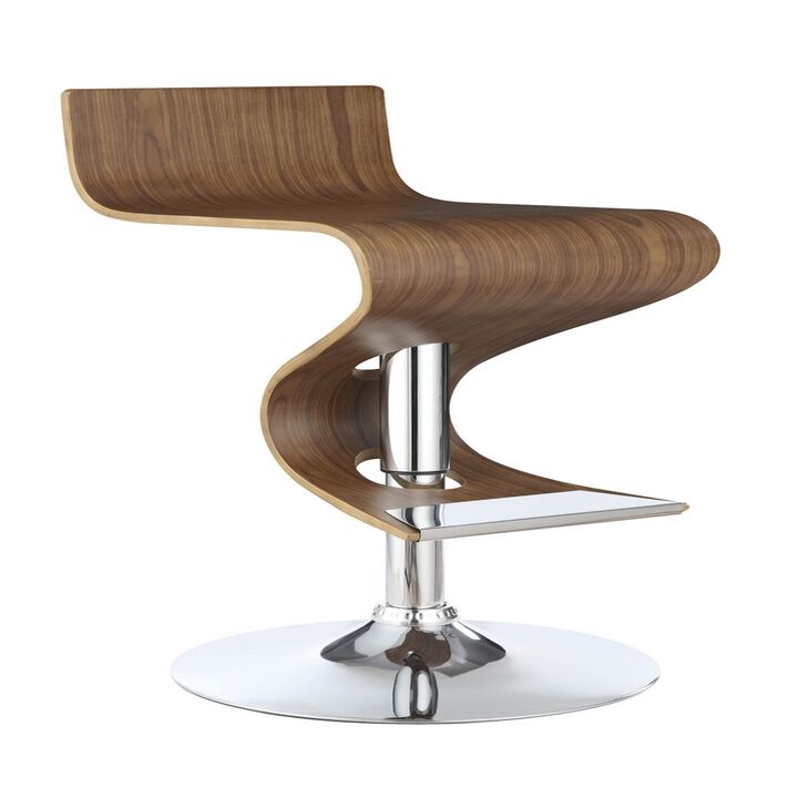 Modern Adjustable Bar Stool With Chrome Base, Brown And Silver-Benzara