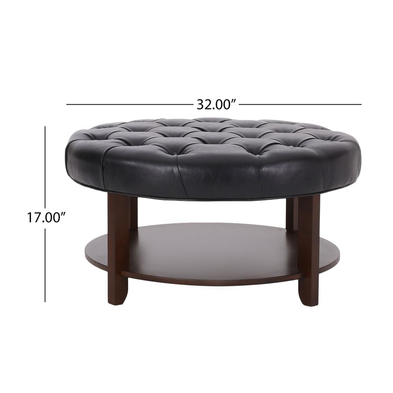 Kiam Ottoman, Shelf, Black Tufted Faux Leather, Brown Wood 32 Inch - Benzara