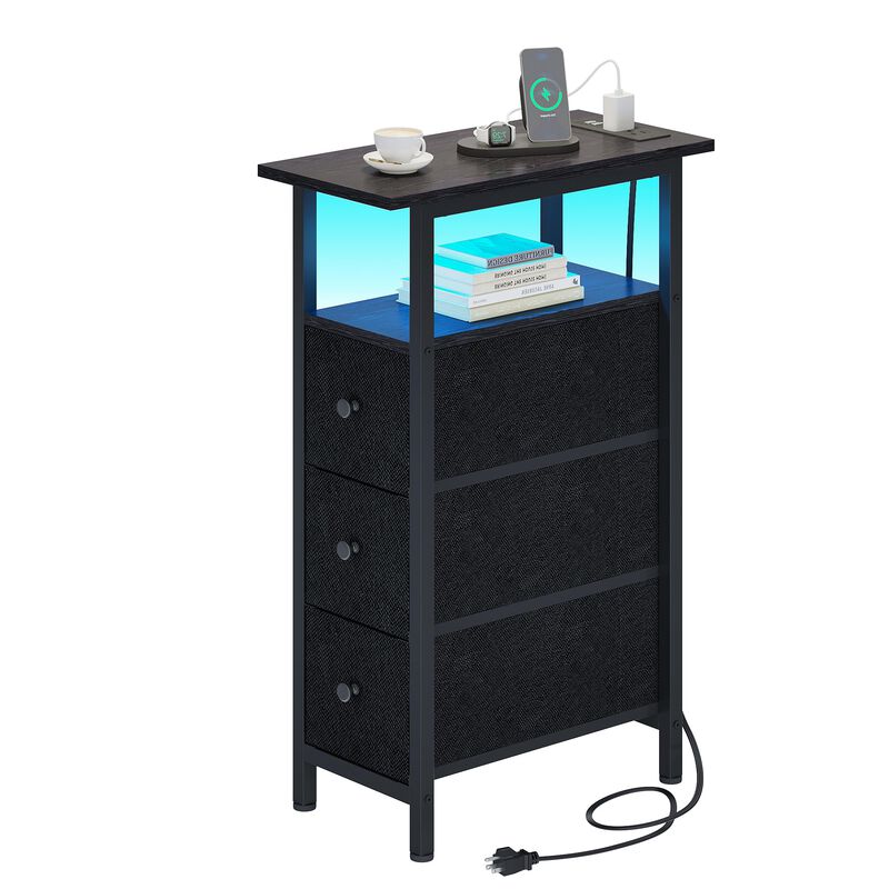TRIFEBLE End Table with Charging Station, Narrow Side Table with 3 Fabric Drawers, Skinny Nightstand with LED Light, Slim Bedsid