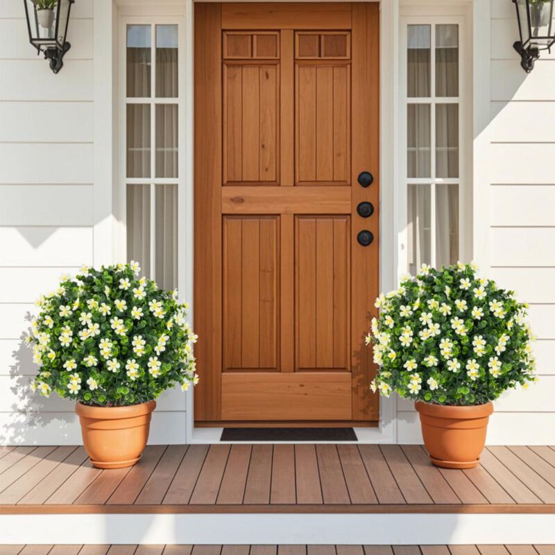 Hivvago 2 Pack Artificial Boxwood Topiary Ball Tree Faux Shrub Bushes with Flowers