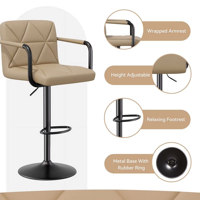 Leather Swivel Bar Stools Set of 2, Adjustable Height Square Counter Stools with Back & Iron Frame, 360&deg; Kitchen Island Chairs for Outdoor, Home Bar, Hotel image number 2