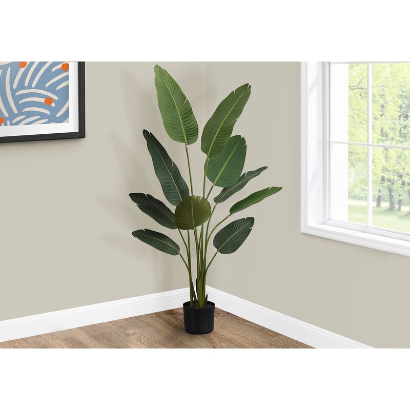 Monarch Specialties I 9570 - Artificial Plant, 60" Tall, Bird Of Paradise Tree, Indoor, Faux, Fake, Floor, Greenery, Potted, Decorative, Green Leaves, Black Pot