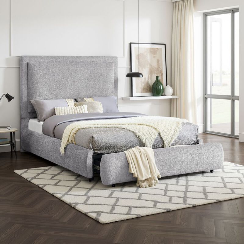 Reby King Size Bed w Storage Drawer, Gray Chenille Upholstery