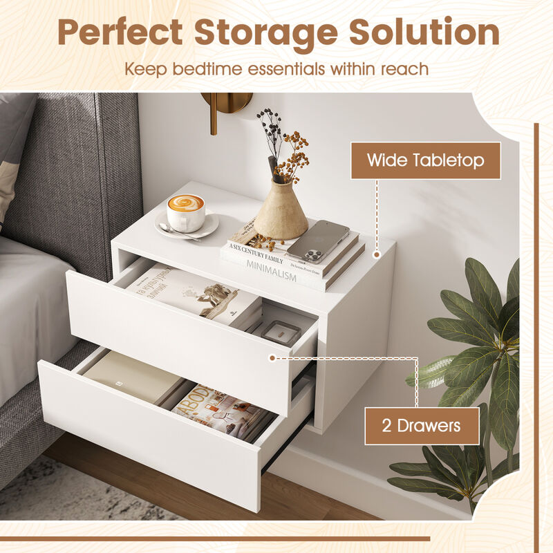Floating Nightstand with 2 Drawers Wall Mounted Bedroom Bedside Table image number 4