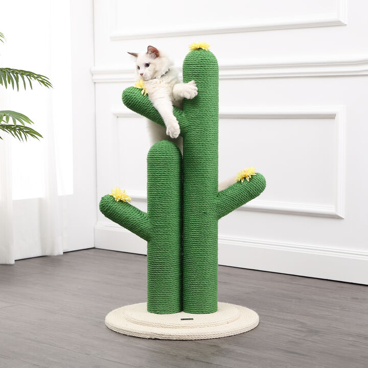 Socorro 34.25" Modern Jute Double-Cactus Cat Scratching Post with Flower Toys, Green/White