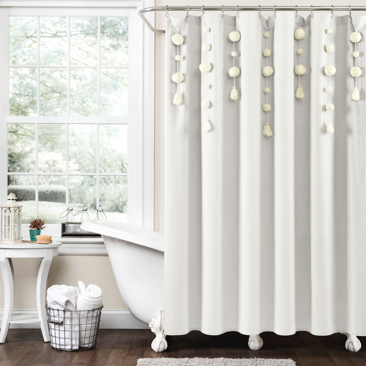 Boho Pom Pom Tassel Linen Shower Curtain
