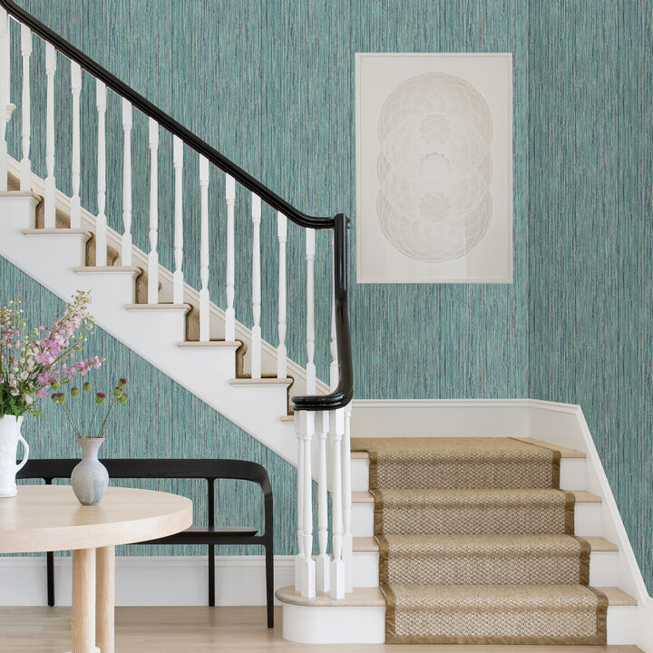 Justina Teal Faux Grasscloth Wallpaper (Set of 2)