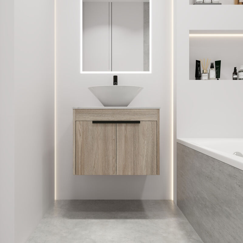 24 " Modern Design Float Bathroom Vanity With Ceramic Basin Set, Wall Mounted White Oak Vanity With Soft Close Door, KD-Packing, KD-Packing,2 Pieces Parcel(TOP-BAB217MOWH)